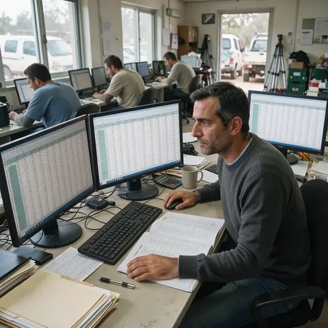 a data specialist at a desk surrounded by large monitors, comparing rows of survey responses in a spreadsheet with a printed codebook open beside them