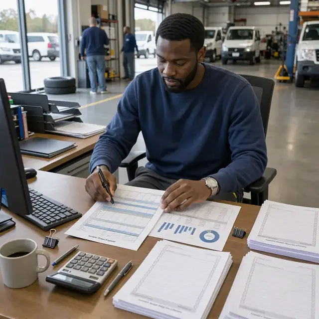 a manager reviewing printed supplier scorecards and panel statistics at a desk with stacks of incentive check request forms