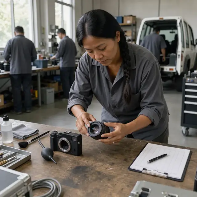 a well-lit workbench with a camera body, detached lens, blower brush and maintenance log sheet