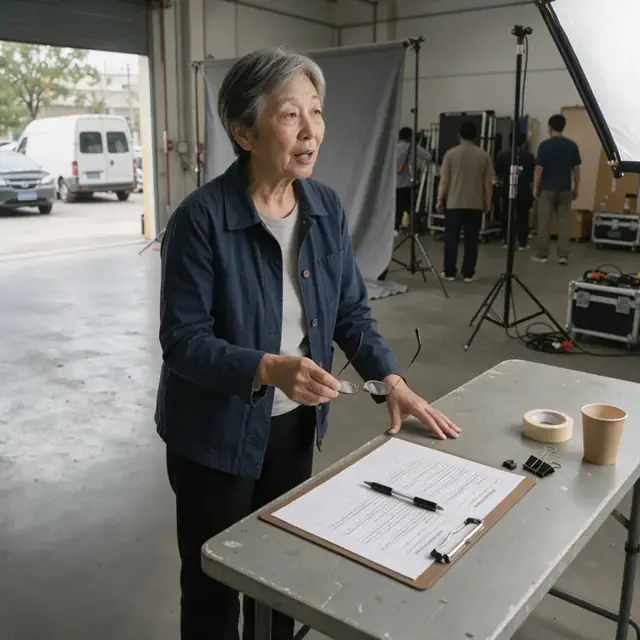 a clipboard with printed release forms and a pen resting on a studio table next to a backdrop and lighting stand