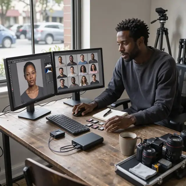 a desk with dual monitors displaying portrait images in editing software surrounded by memory cards and an external hard drive