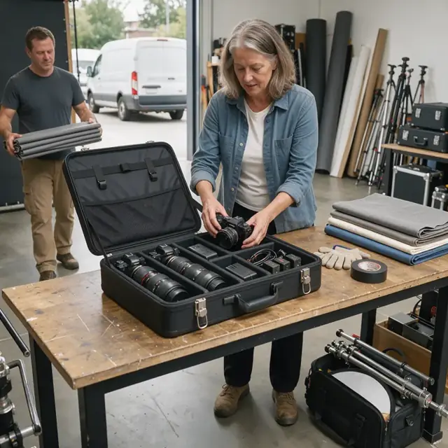 a photography studio workbench with an open roller case being loaded with cameras, lenses and folded backdrops