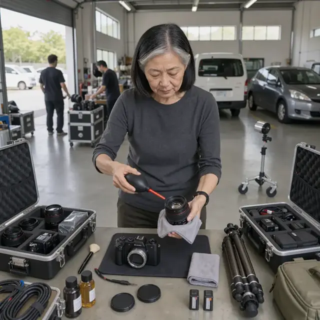 a photographer cleaning a camera lens with a blower and cloth at a well-lit workbench surrounded by open equipment cases