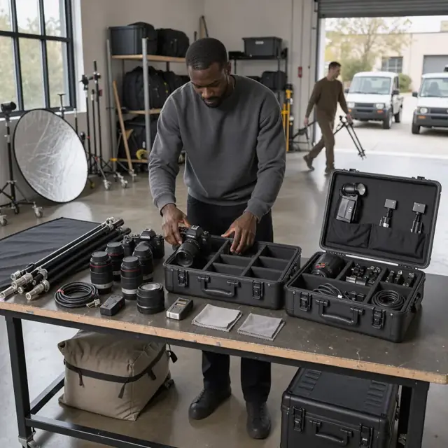 a photographer packing camera bodies, lenses and lighting modifiers into padded cases on a studio work table