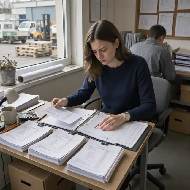 a worker reviewing project spreadsheets and invoices at a desk with stacks of language reports