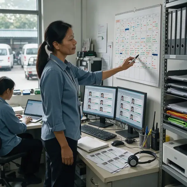 a worker reviewing linguist profiles on dual monitors while marking availability on a large wall calendar