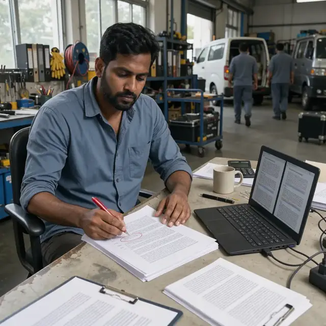 a worker at a desk marking corrections on printed pages beside a laptop displaying side-by-side translated documents