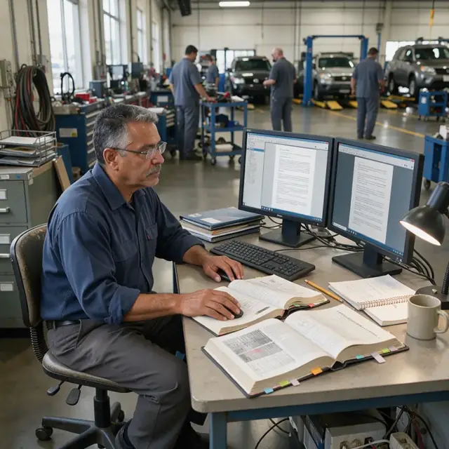 a worker at a quiet workstation comparing source and target texts side-by-side on large monitors with reference books open