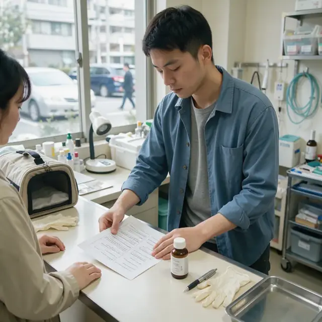 a worker reviewing printed aftercare instructions and a bottle of pet medication at a clinic counter