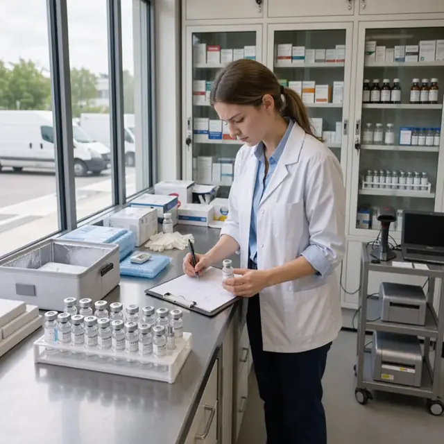 a wall of locked pharmacy cabinets with a worker counting vaccine vials and writing on a clipboard inventory sheet