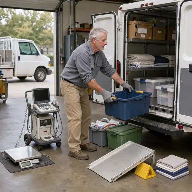 a worker loading a mobile veterinary truck with supply totes, a portable scale and an ultrasound machine in an open garage bay