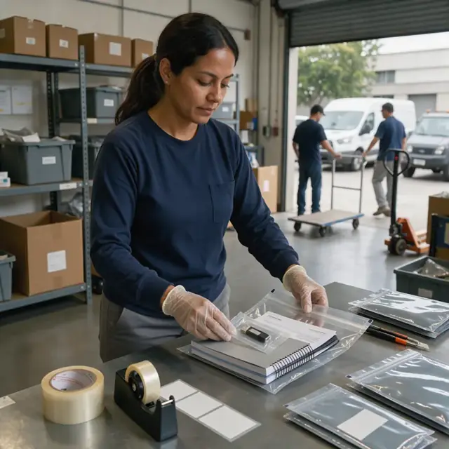 a worker placing bound reports, a sealed USB drive and an invoice into a tamper-evident courier pouch on a packing counter