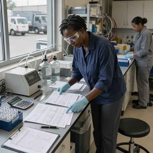 a technician comparing printed laboratory chromatograms against data validation checklists at a workbench