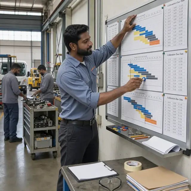 a planner arranging printed Gantt charts and calibration due-date lists on a large wall-mounted project board