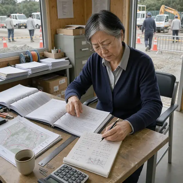 a desk with open project specification binders, site maps and a notepad covered in handwritten technical notes