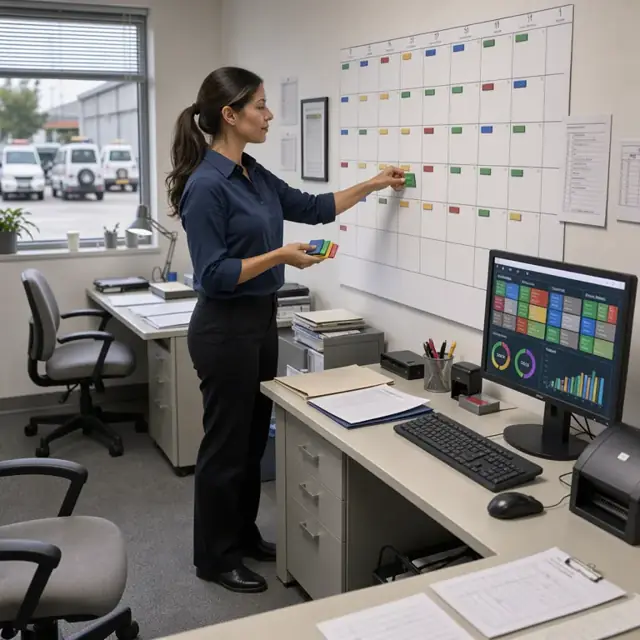 a specialist updating license status entries on a large wall calendar and digital tracking dashboard in a quiet office