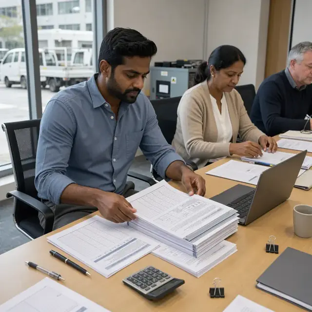 a specialist at a conference table arranging printed regulatory report templates and supporting ledger excerpts next to an open laptop