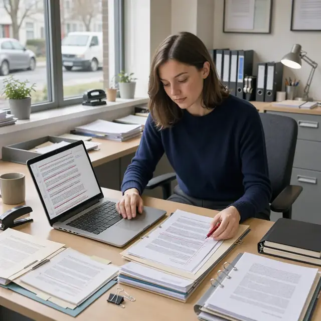 a worker at an office desk organizing stacks of legal documents and redlining a contract draft on a laptop screen