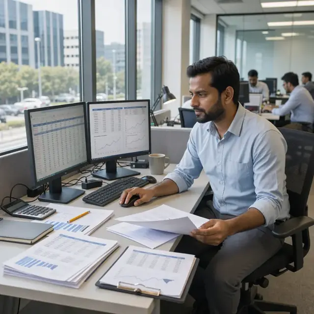 an analyst at a desk in a corporate office reviewing printed financial reports and updating a spreadsheet on dual monitors