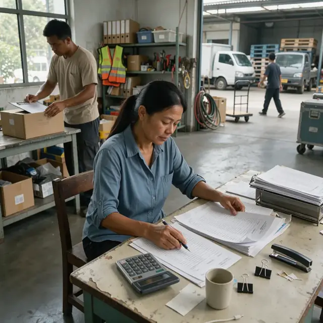 a worker at a desk reviewing printed invoices and spreadsheets with a calculator nearby