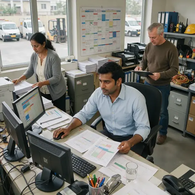 a wall calendar and multiple computer screens showing overlapping schedules in a busy administrative office