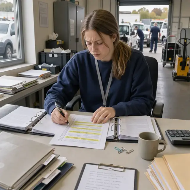 a worker reviewing highlighted contract pages and a checklist at a desk with open binders