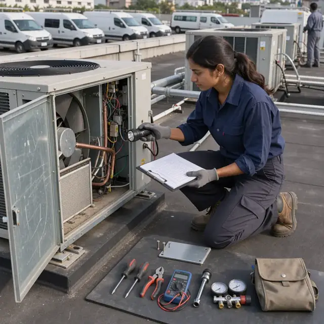 a maintenance technician inspecting a rooftop HVAC unit while referencing a checklist on a clipboard with tools laid out nearby