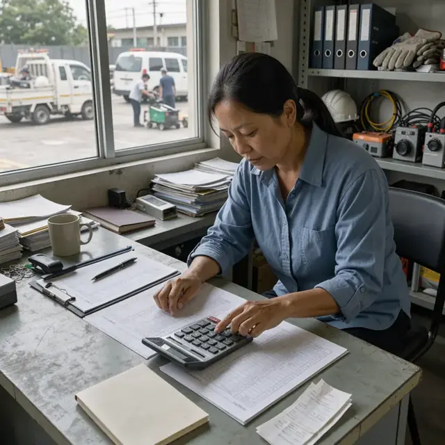 an accounts coordinator reviewing printed invoices and maintenance logs spread across a desk with a calculator