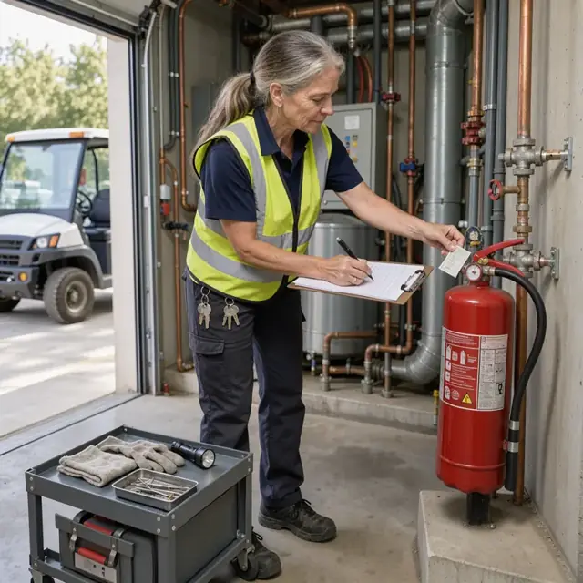 a facilities worker in safety vest examining a fire extinguisher tag and writing on an inspection clipboard inside a mechanical room