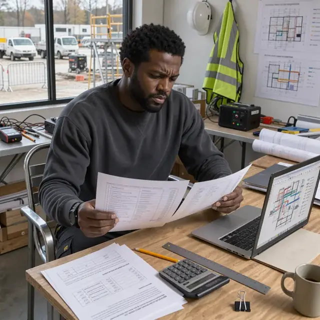 a coordinator at a desk comparing vendor quotes and contract documents next to a laptop showing building system diagrams