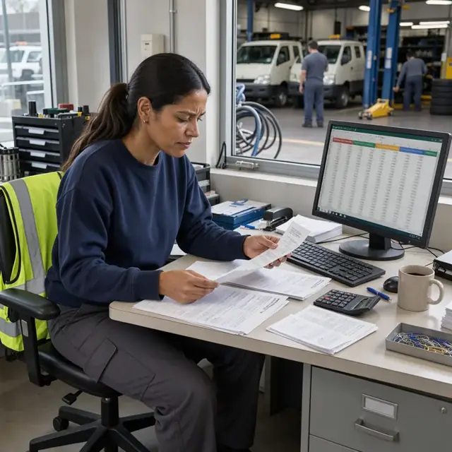 a worker at a desk reviewing printed invoices and payment receipts next to an open spreadsheet on a monitor