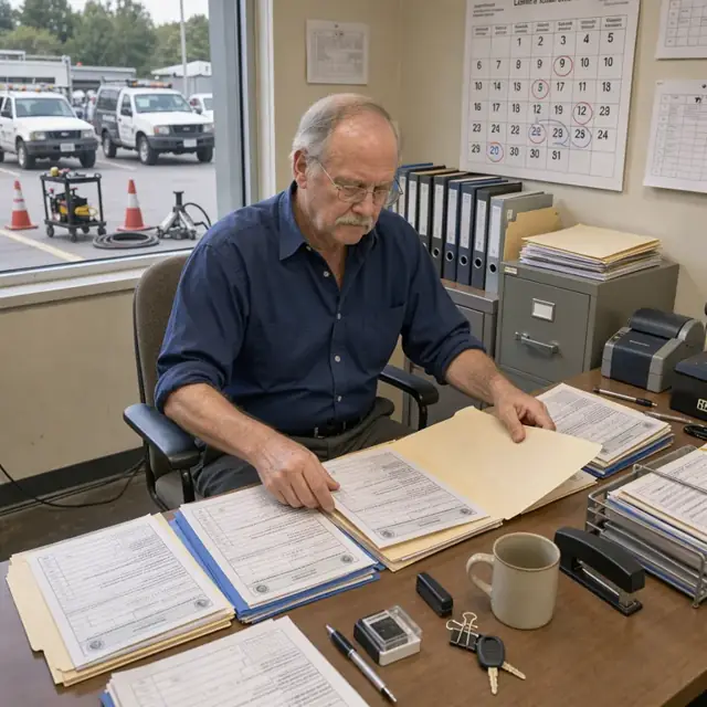 a worker organizing folders of licensing documents and state forms on a desk with a wall calendar showing renewal dates