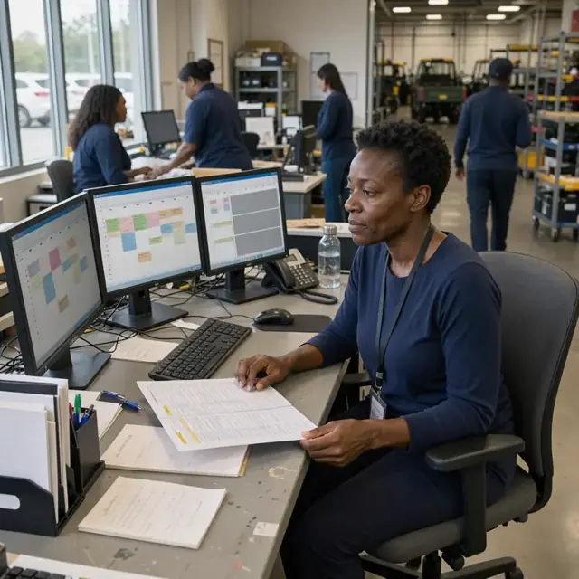 a worker at a workstation with multiple monitors showing calendar views next to a printed interview schedule