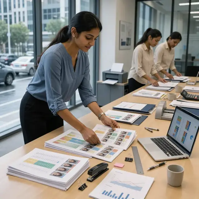 a consultant preparing printed candidate comparison charts and market trend summaries on a long boardroom table