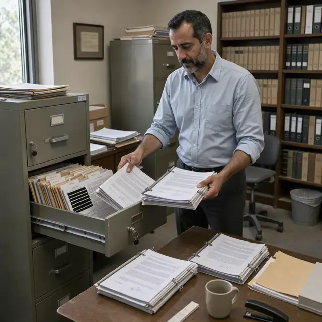 a clerk organizing stacks of signed agreements and redacted candidate files in a locked filing cabinet within an office library