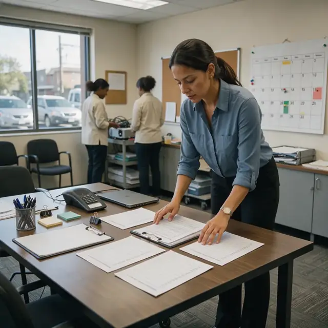 a coordinator arranging printed interview schedules and feedback forms on a conference table next to a wall calendar