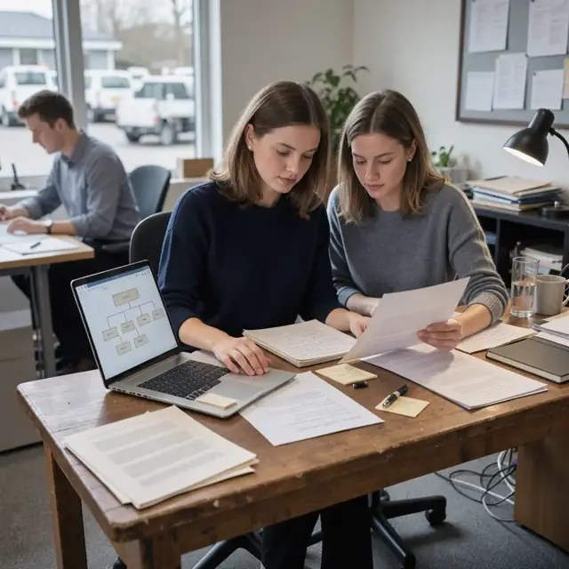 a consultant seated at a large wooden desk reviewing handwritten notes and printed role briefs while building an organizational chart on a laptop