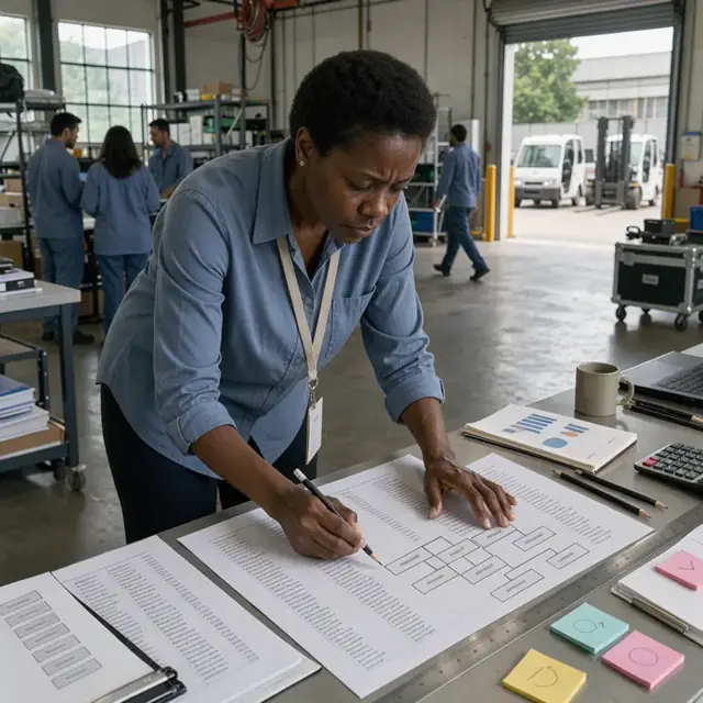 a researcher studying printed organizational charts and company lists at a standing desk covered with industry reports and sticky notes