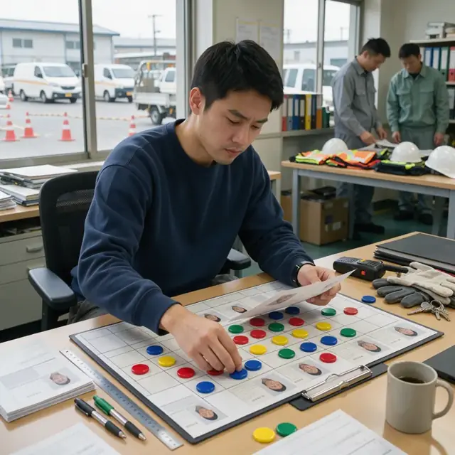 a planner at a desk reviewing printed worker profile sheets spread across a large scheduling board with colored magnets