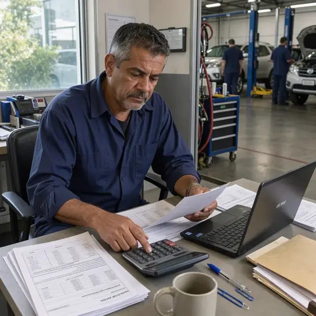 a desk with printed billing summaries and service agreements next to a laptop and calculator