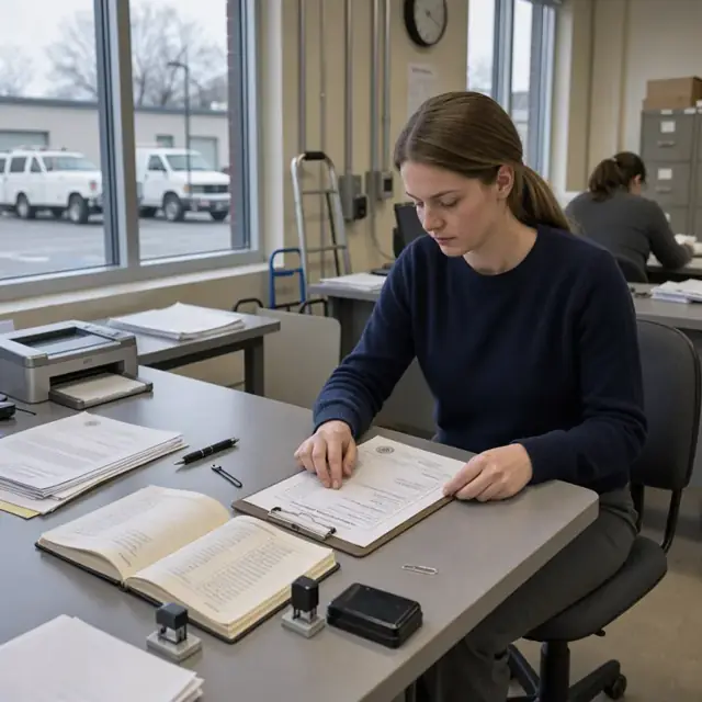 a worker at a desk checking a court filing checklist on a clipboard while reviewing an official document and notary journal