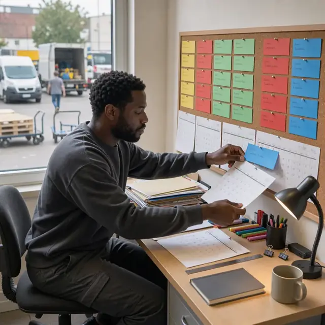a planner at a desk organizing printed calendars and color-coded deadline cards pinned to a corkboard