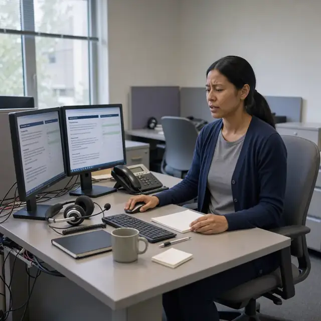 a quiet office workstation with dual monitors showing call scripts and a high-quality headset next to a landline phone
