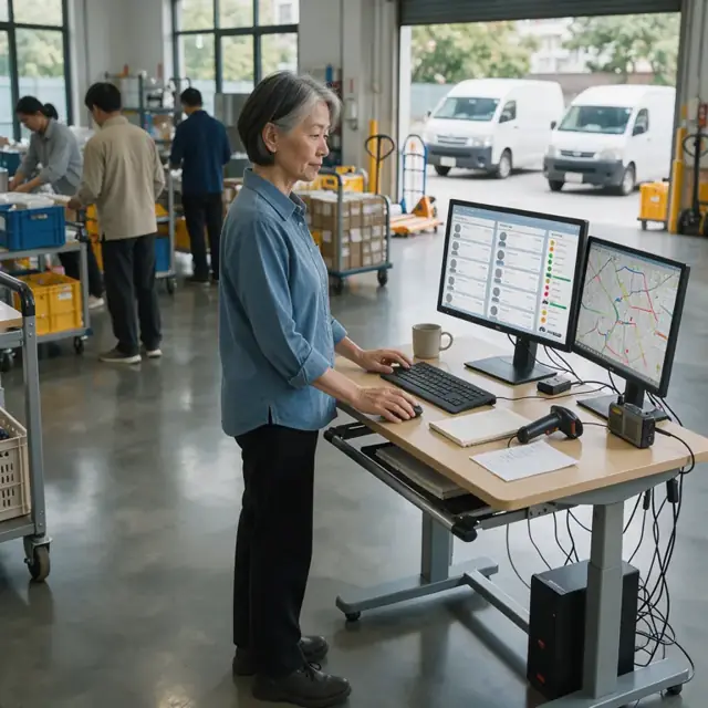 a worker at a standing desk viewing a monitor that displays multiple client message queues and delivery status indicators