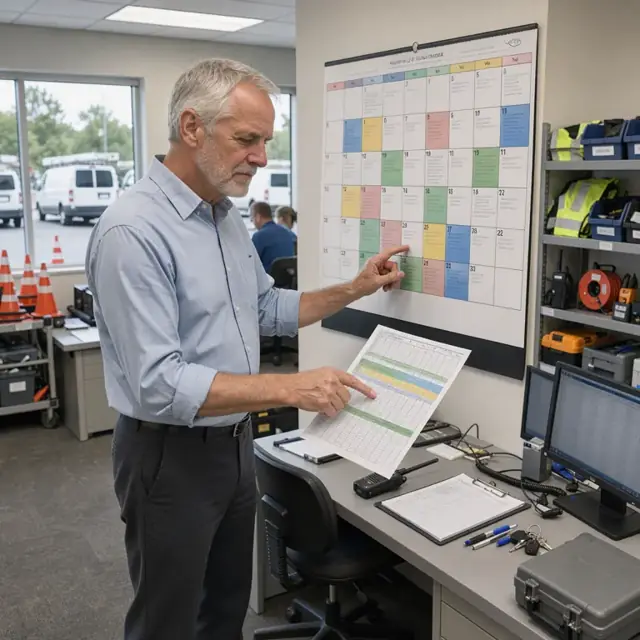 a coordinator reviewing a large wall calendar and agent availability spreadsheet in a brightly lit operations office