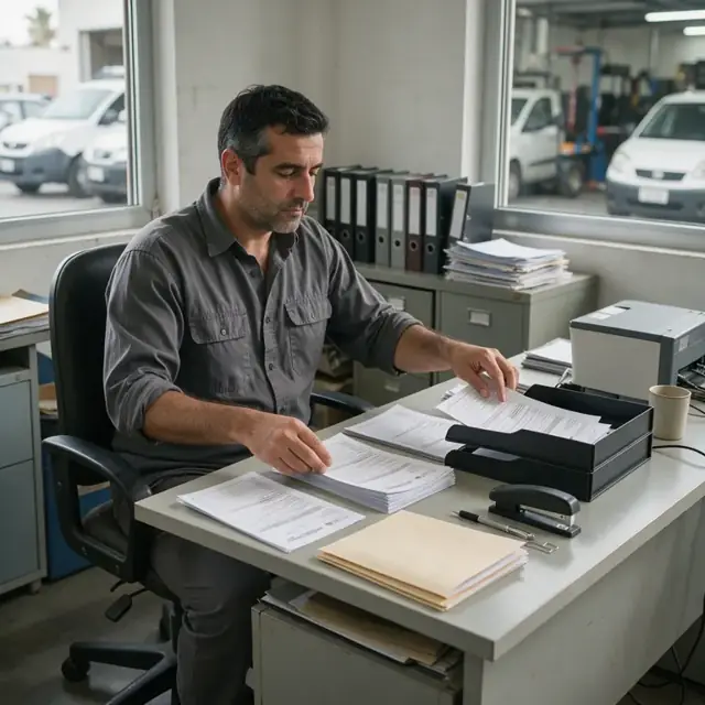 a worker organizing printed invoices and renewal forms in a filing tray at an office desk