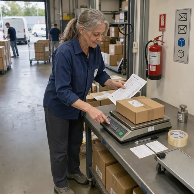 a worker checking a calibrated shipping scale against a printed checklist beside a fire extinguisher and postal signage