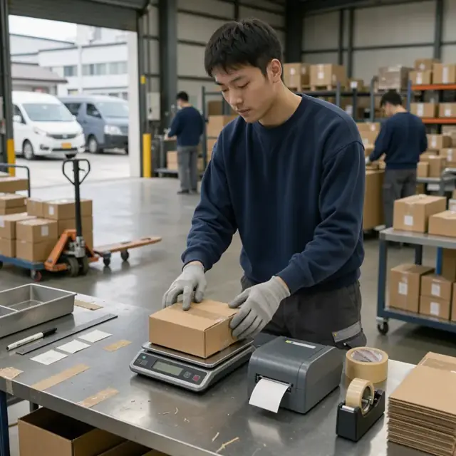 a worker measuring a small box on a digital scale beside a label printer and roll of packing tape
