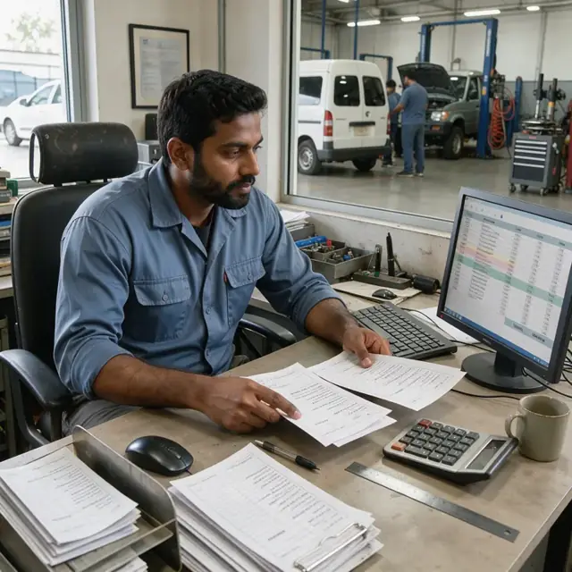 a worker at a desk comparing printed job tickets against a cost summary displayed on a computer monitor