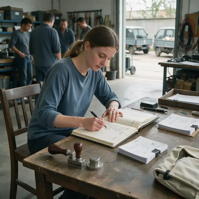 a worker entering details into a bound notary journal at a desk with a stamp, seal and stack of completed documents